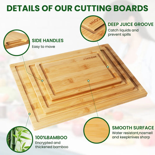 Kikcoin 4-Piece Extra Large Bamboo Wooden Chopping Boards with Storage Stand - Kitchenware Household Items, Juice Grooves, Knife-Friendly, Invisible Handles, Multifunctional, Non-Slip, Durable Reusable Chopping Board, Ideal Gift for Family, Mother's Day
