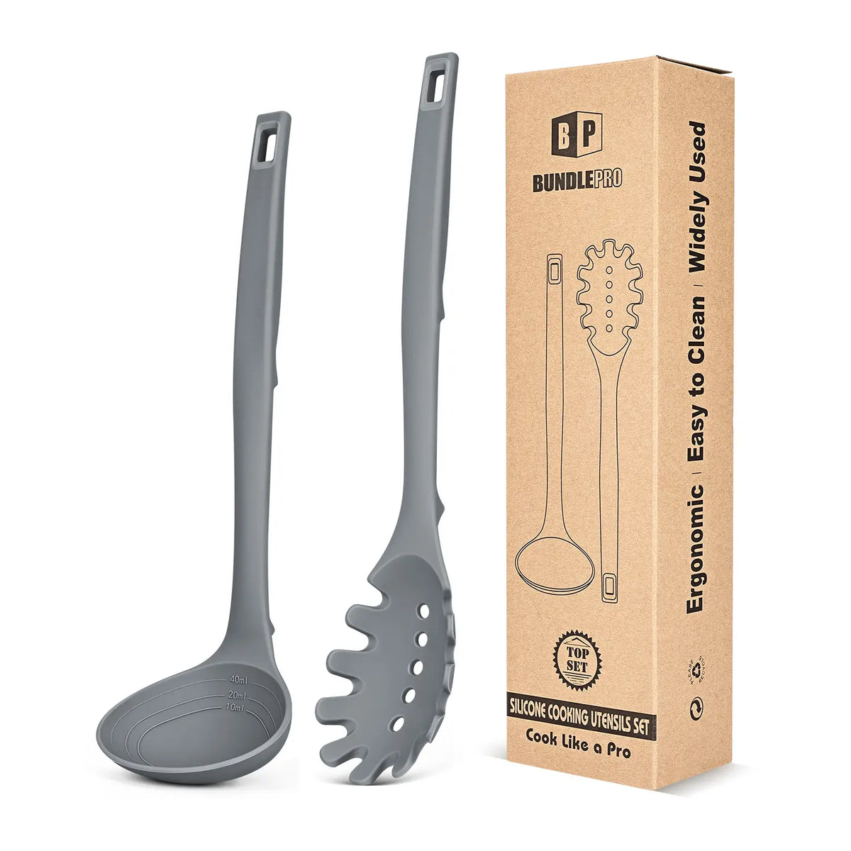 BUNDLEPRO 2-Piece Hanging Silicone Kitchen Utensil Functional Set - 40ml Pasta Fork, Soup Spoon with Measurement Lines, Pot-Safe Soft Head, Heat-Resistant Non-Stick Tools, Back Hooks for Cooking, Serving