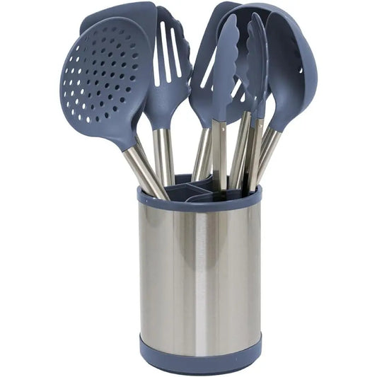 8-Piece Nonstick Cooking Utensil Set with Stainless Steel Handles - Rotating Holder, Soup Ladle, Turner, Tongs, Spoon, Skimmer, Dishwasher Safe Green Tools for Indoor Recreation Use, 8-Piece Set