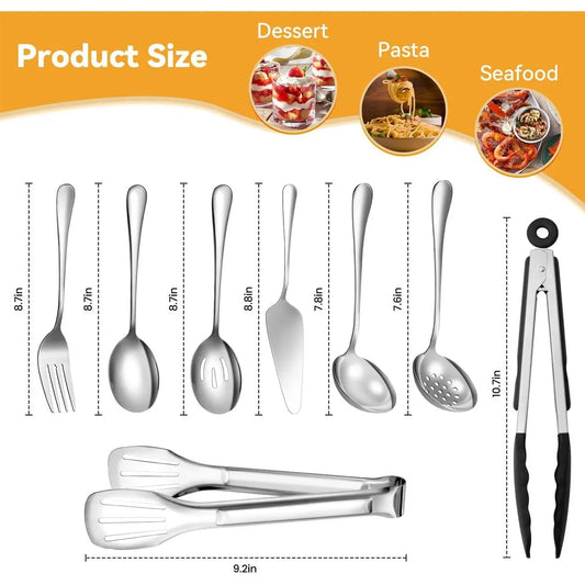 Serving Utensils Set for Partie, Silver Stainless Steel Metal Serveware Large Serving Spoons, Slotted Spoons, Forks, Tongs, Soup and Skimmer Spoon, Cake Server for Buffet, Catering, Entertaining 15pcs, Cutlery, Tableware