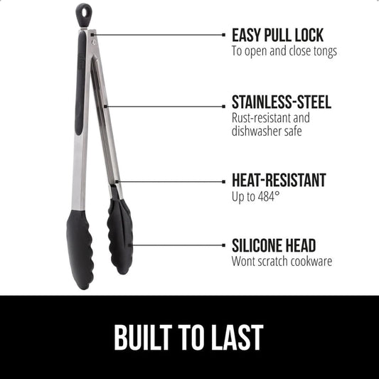 GORILLA GRIP Stainless Steel Kitchen Tongs for Cooking, 2 PK, Black