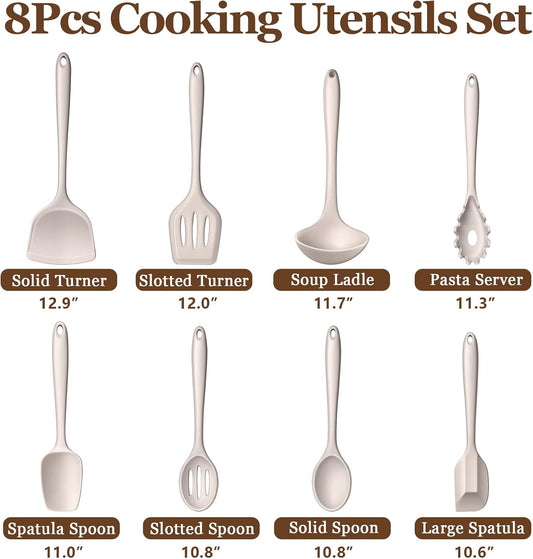 LIANYU Non-Toxic Kitchen Cooking Utensils Set, 8Pcs Khaki Silicone Utensils