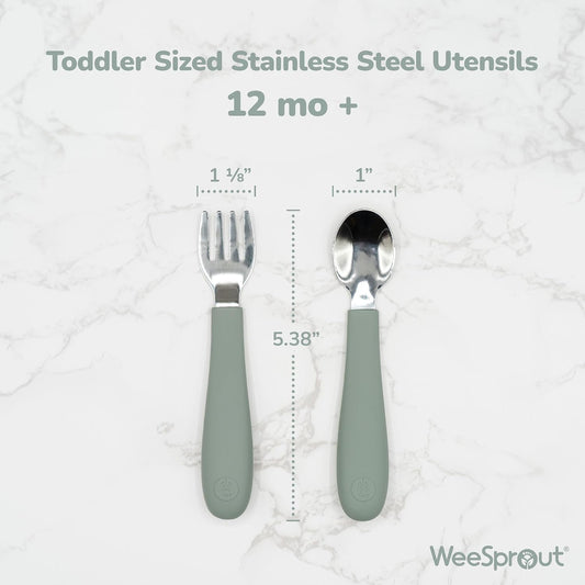 WeeSprout Toddler Utensils, 3 Forks & 3 Spoons, 18/8 Stainless Steel & Food Grade Silicone, Thick Easy-Grip Handles, Perfect Length For New Self Feeders, Gentle On Gums & Teeth, Dishwasher Safe