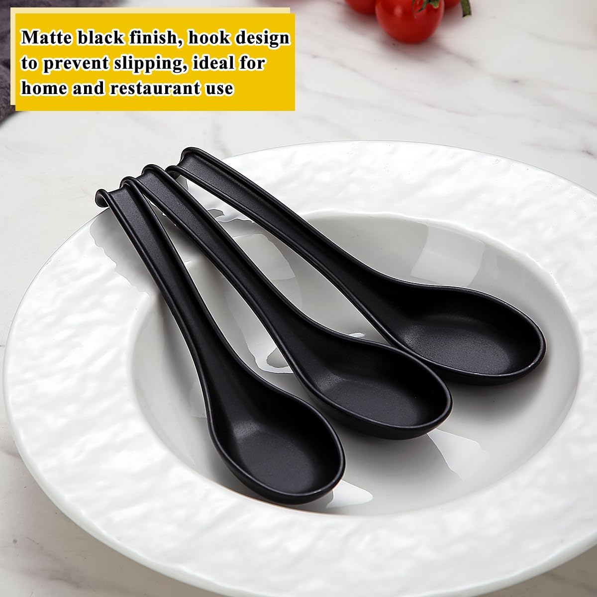 Berglander Asian Soup Spoons 12pcs, Plastic Chinese Won Ton Soup Spoon For Soba, Pho, Noodle, Japanese Ramen, Chinese and Vietnamese Wonton, Korean Style Large Spoon with Long Handle