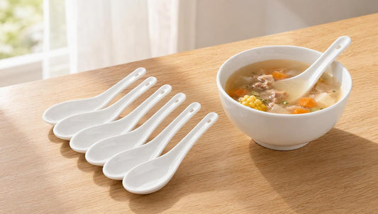 Soup Spoons Set of 6, Asian Ceramic Ramen Spoons 5", Pho Miso Wonton