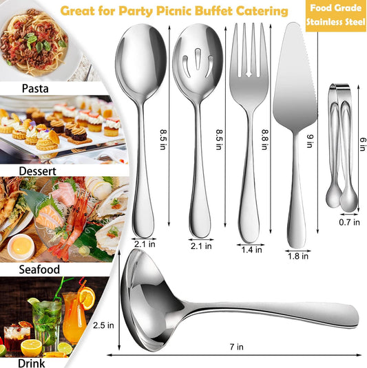6 PCS Stainless Steel Serving Utensils, Large Serving Spoons Slotted Spoons, Forks, Ice Suger Tongs, Cake Server, Soup Ladle, Metal Utensils Set Great for Buffet Catering Banquet Party, Silver