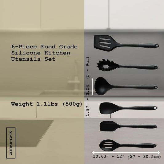 KAIZEN 6 Piece Silicone Utensils Set - All-Purpose Cooking Utensils Set for Kitchen - Non-Stick, Scratch & Heat Resistant Spoon & Spatula Set - Durable & Food Grade Cookware Tools (Black)