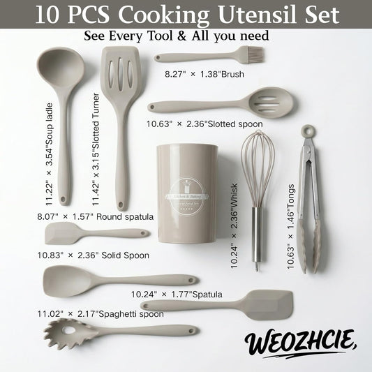 Silicone Kitchen Utensils Set,10 PCS Cooking Kitchen Utensils Set, Nonstick Kitchen Utensils 446°F Heat-Resistant Cookware Kitchen Tools of Spoon,Brush,Whisk,Spatula,Turner Tongs(Khaki)
