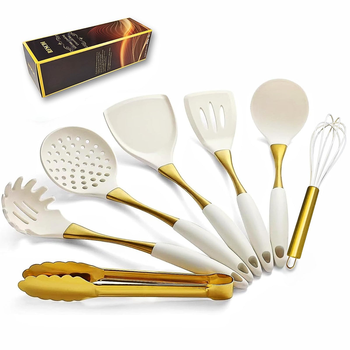 Silicone Cooking Utensil Set 7-Piece, Heat Resistant Kitchen Utensils Set Non-Stick with Wood Grain Handle, BPA-Free Spatula Set Dishwasher Safe (Space Gray)