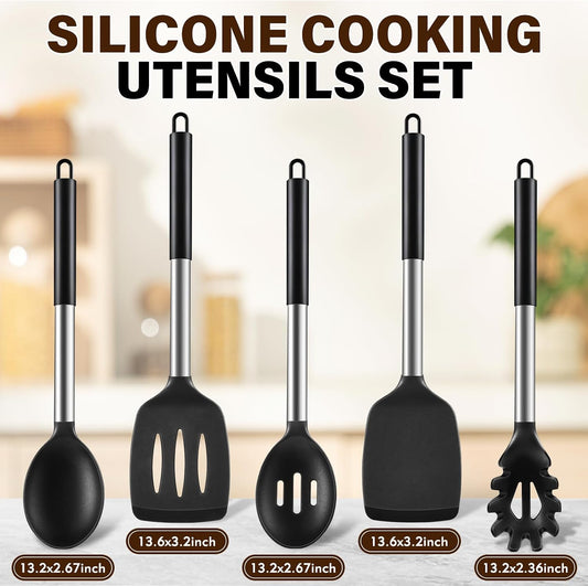 5Pcs Silicone Cooking Utensils Set, Heat Resistant Kitchen Tools Include Solid&Slotted Spatula, Cooking Spoon and Pasta Server, Silicone Kitchen Utensils set for Nonstick Cookware Flipping, Black