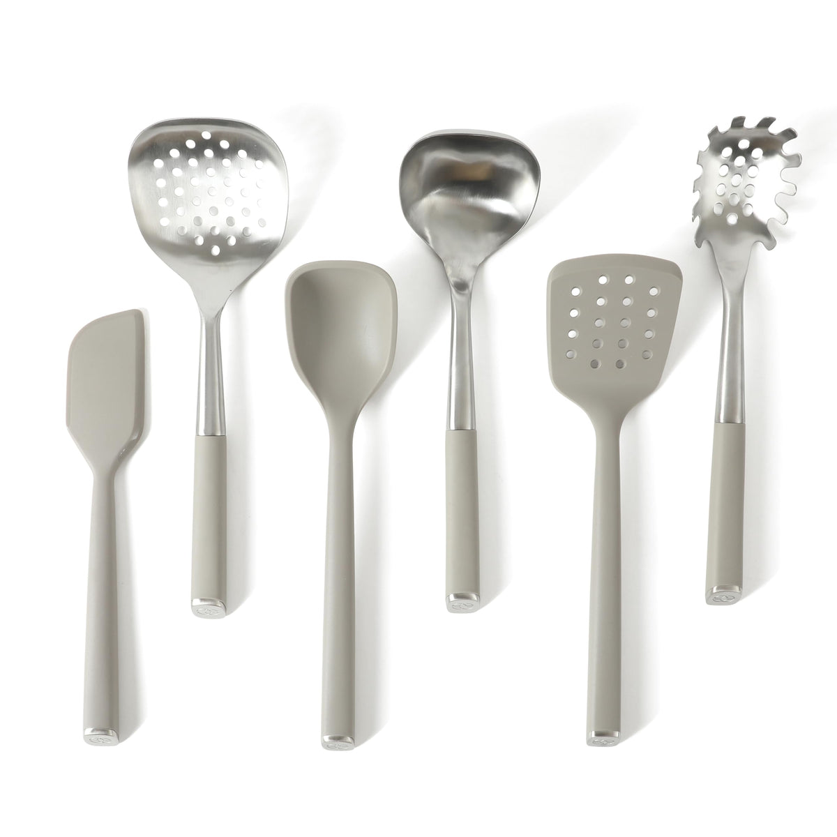 Calphalon Edge 6-Piece Stainless Steel and Silicone Kitchen Tool Set, Kitchen Utensil Set, Scraper, Skimmer, Spoon, Ladle, Turner, Pasta Server, Heat Resistant Nonstick Safe Cooking Utensils (Taupe)