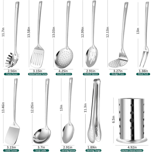 Utensils Set, 11pcs Stainless Set with Holder – Includes Turners, Masher, Spatula,, Pasta Server, Tongs, Soup Ladle, Serving Spoon