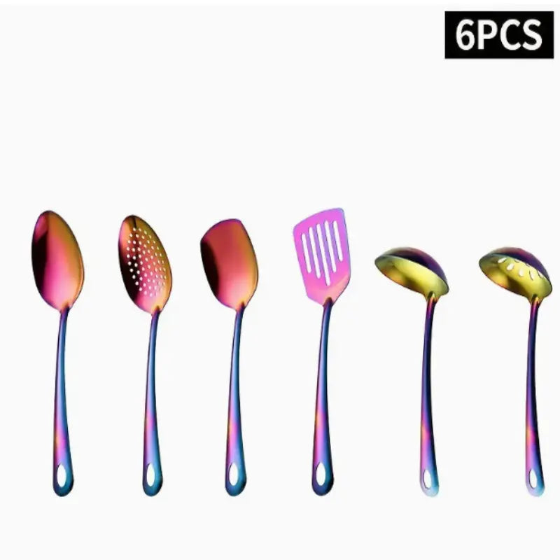 6-Pieces Korean-Style Gold-Plated Stainless Steel Kitchen Utensil Set - Thick Kitchen Tools with Slotted Tips, Spatula, Slotted Spoon, Soup Ladle, Food Tongs for Home Cooking