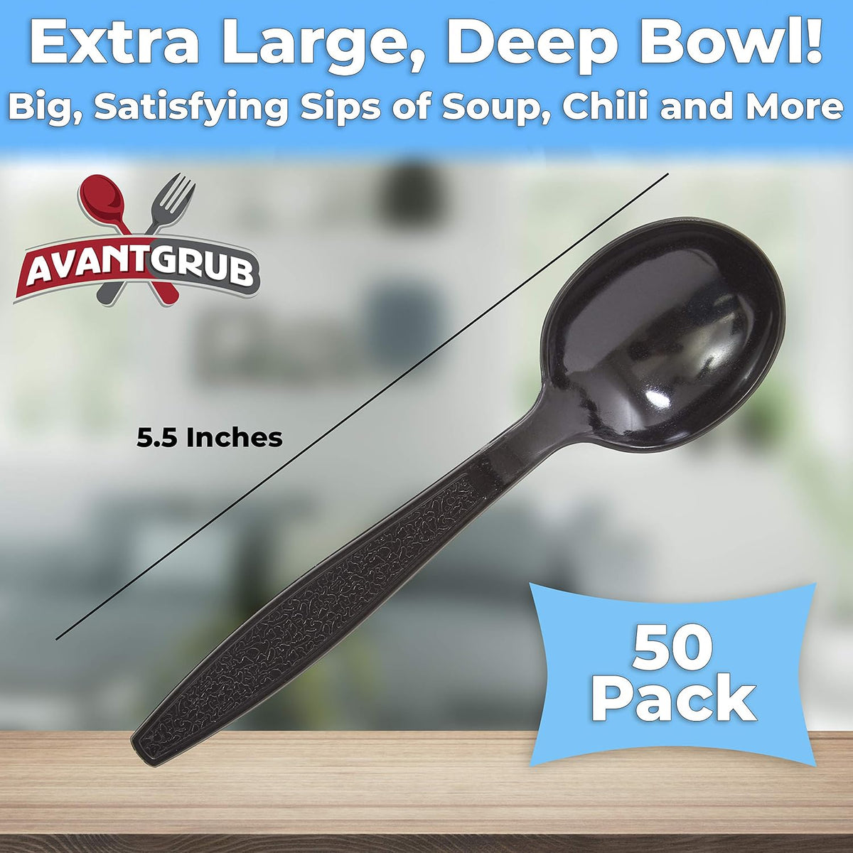 Extra Sturdy, Pro-Grade Plastic Soup Spoons 50 CT. Black, Heavy Duty Recyclable Utensils for Soups, Stews, Chili and Gumbo. Heavyweight Round Spoon is Perfect for Restaurants, Diners and Catering