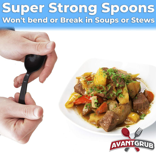 Extra Sturdy, Pro-Grade Plastic Soup Spoons 50 CT. Black, Heavy Duty Recyclable Utensils for Soups, Stews, Chili and Gumbo. Heavyweight Round Spoon is Perfect for Restaurants, Diners and Catering