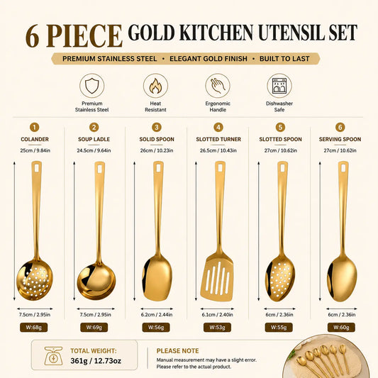 6PCS Gold Stainless Steel Kitchen Utensil Set - Heavy Duty Food Grade Tools: Cooking Spoon, Soup Ladle, Slotted Spoon, Turner for Kitchen Use