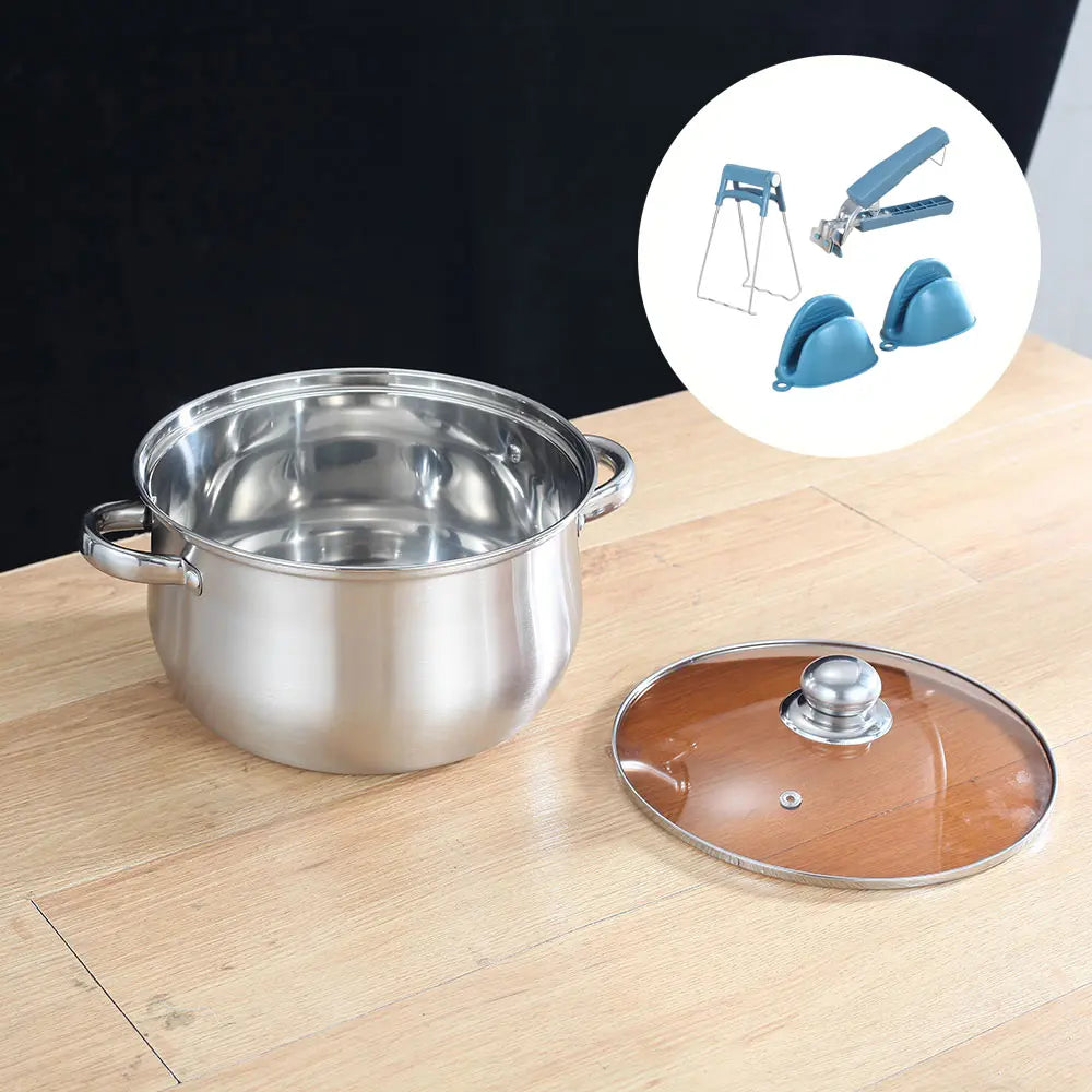 5-Piece Soup Pot Set, Stainless Steel Dual Handle, Includes Ladle, Tongs, Spoon Holder, Ideal for Ramen, Hotpot, Seafood, Dishwasher Safe, Stock Pot Set