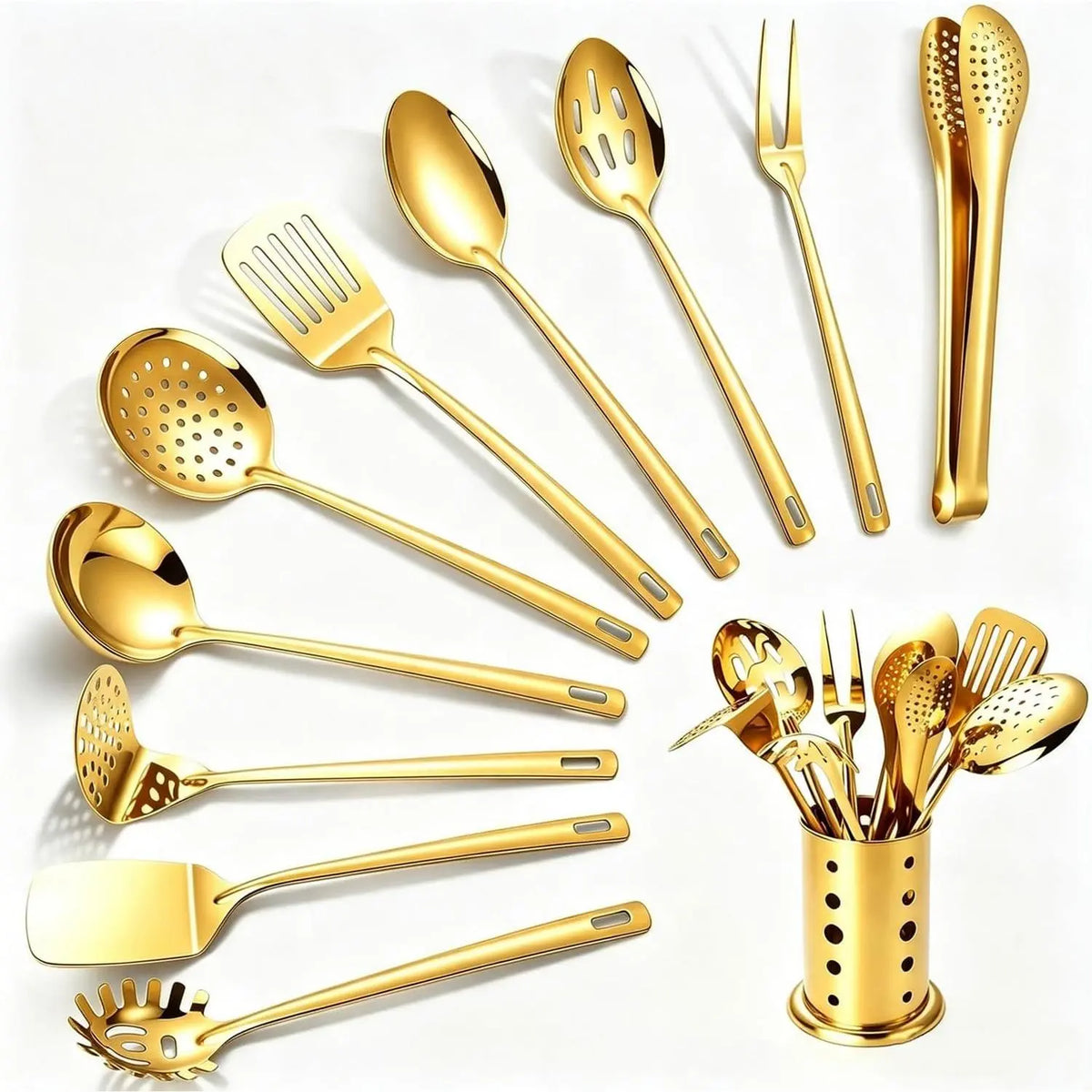 Utensils Set, 11pcs Stainless Set with Holder – Includes Turners, Masher, Spatula,, Pasta Server, Tongs, Soup Ladle, Serving Spoon