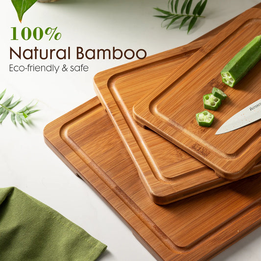 Astercook 4-Piece Multi-Size Grooved Charcoal Bamboo Chopping Board Set with Holder, 4.7lb Eco-Friendly Durable Cutting Boards, 3 Sizes for Tasks, Holder Keeps Tidy, Ideal for Vegetable Chopping Blocks, Fruits, Meats