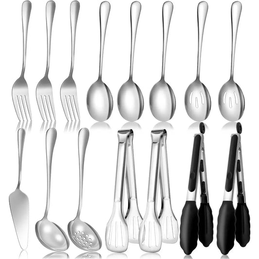 Serving Utensils Set for Partie, Stainless Steel Metal Serveware Large Serving Spoons, Slotted Spoons, Forks, Tongs, Soup and Skimmer Spoon, Cake Server for Buffet, Catering, Entertaining 15 count