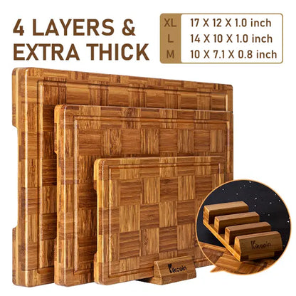 [SummerWins]Kikcoin End Grain 3PCS Cutting Boards with Holder,Extra Large natural Wooden Butcher Block,Charcuterie Cheese Serving Tray,Handles & Juice Groove,Checkered,Christmas gifts, Bamboo Cutting Board, Chopping
