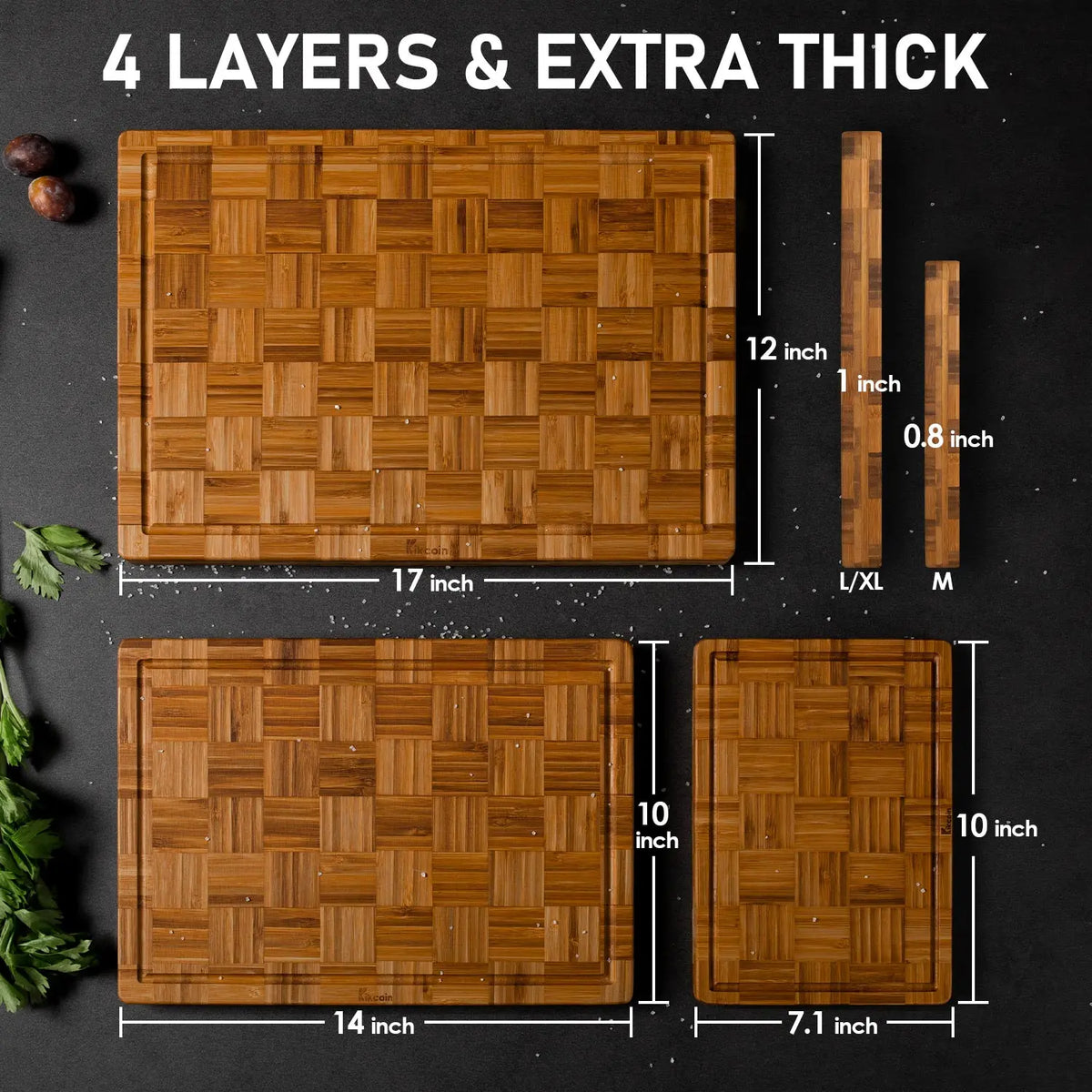 [SummerWins]Kikcoin End Grain 3PCS Cutting Boards with Holder,Extra Large natural Wooden Butcher Block,Charcuterie Cheese Serving Tray,Handles & Juice Groove,Checkered,Christmas gifts, Bamboo Cutting Board, Chopping