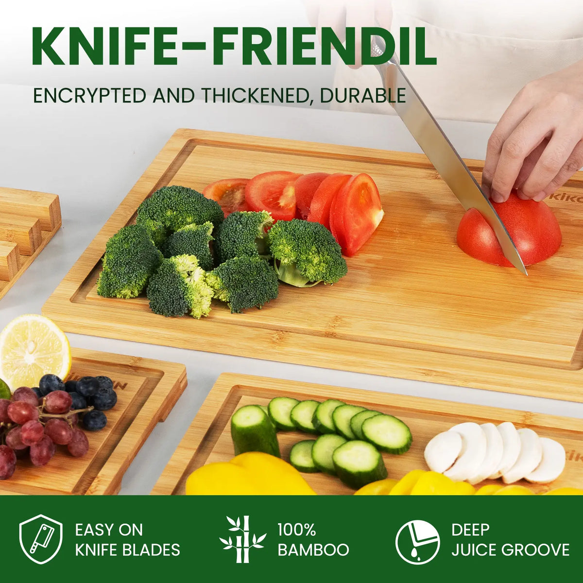 Kikcoin 4-Piece Extra Large Bamboo Wooden Chopping Boards with Storage Stand - Kitchenware Household Items, Juice Grooves, Knife-Friendly, Invisible Handles, Multifunctional, Non-Slip, Durable Reusable Chopping Board, Ideal Gift for Family, Mother's Day