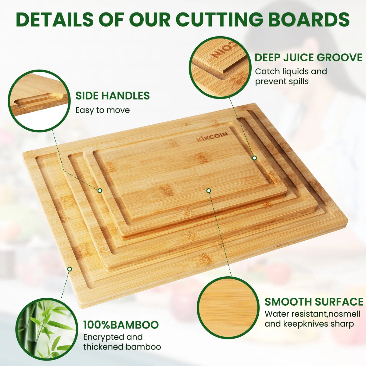 Kikcoin 4-Piece Extra Large Bamboo Wooden Chopping Boards with Storage Stand - Kitchenware Household Items, Juice Grooves, Knife-Friendly, Invisible Handles, Multifunctional, Non-Slip, Durable Reusable Chopping Board, Ideal Gift for Family, Mother's Day