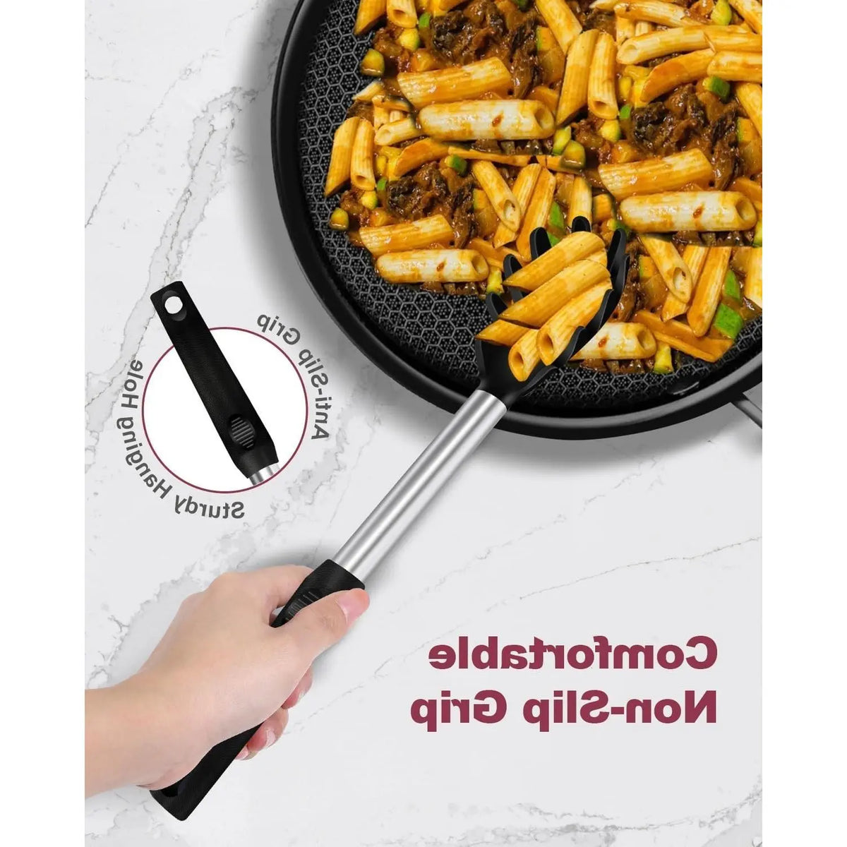 2-Piece Silicone Spaghetti Spoon and Pasta Tong Set, Heat-Resistant Non-Stick Noodle Server with Teeth, 13" BPA-Free Strainer Fork, Stainless Steel Handle for Pasta Cooking, BlackGift