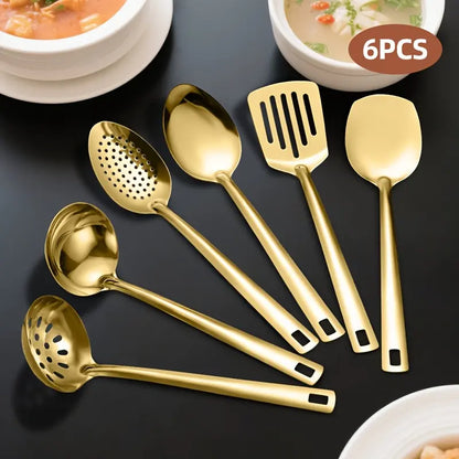 6-Pieces Korean-Style Gold-Plated Stainless Steel Kitchen Utensil Set - Thick Kitchen Tools with Slotted Tips, Spatula, Slotted Spoon, Soup Ladle, Food Tongs for Home Cooking