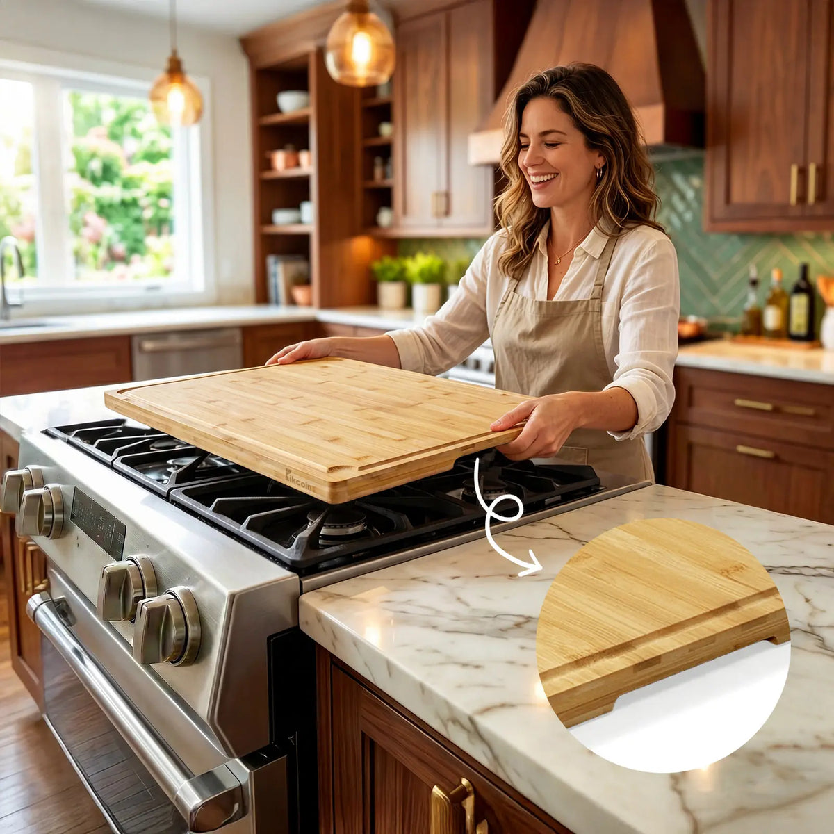 Kikcoin Multi-Size Bamboo Chopping Board (2XL/4XL/5XL Extra Large) - Stovetop Cover, Handle Carry Tray, Juice Groove, Stainresist Wash, Cooking Prep Kitchenware, Knives Friendly, 4XL:30"L*20"W, Vegetable Oil Compatible