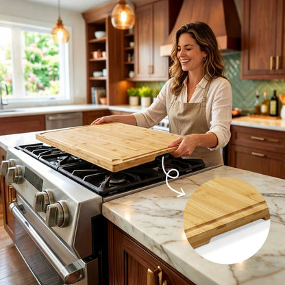 Kikcoin Multi-Size Bamboo Chopping Board (2XL/4XL/5XL Extra Large) - Stovetop Cover, Handle Carry Tray, Juice Groove, Stainresist Wash, Cooking Prep Kitchenware, Knives Friendly, 4XL:30"L*20"W, Vegetable Oil Compatible