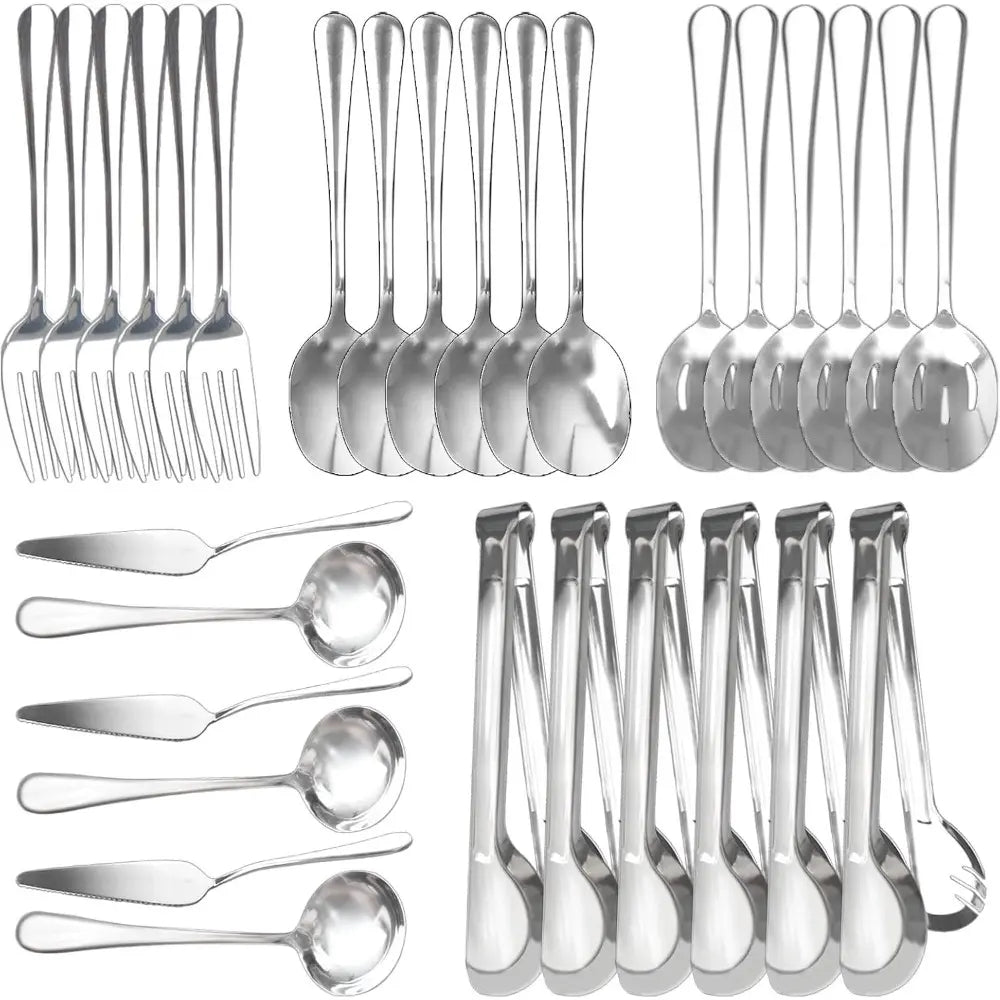 30 Pcs Stainless Steel Serving Utensils Set,With Large Spoons, Slotted Spoons, Forks, Soup Ladle, Pie Server, and Tongs for Home Buffet Party Supplies(Silver)