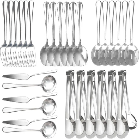 30 Pcs Stainless Steel Serving Utensils Set,With Large Spoons, Slotted Spoons, Forks, Soup Ladle, Pie Server, and Tongs for Home Buffet Party Supplies(Silver)