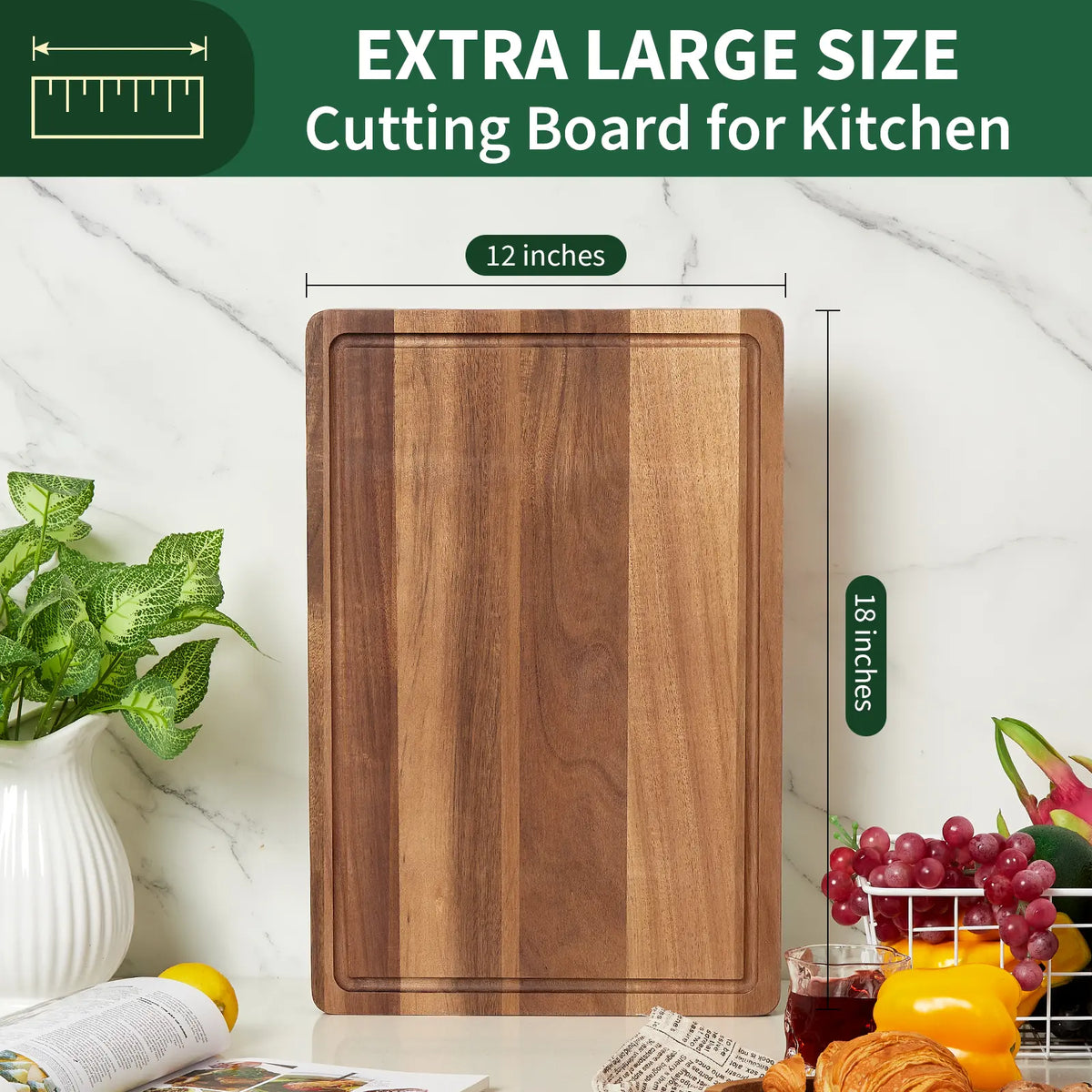 Rectangle Wooden Cutting Board - 18x12in Acacia Wood Chopping Board with 1in Thick Support, Reversible Butcher Block, Juice Groove, Handle & Mineral Oil Refresh for Kitchen Parties, Entertaining, Hosting,sohochic