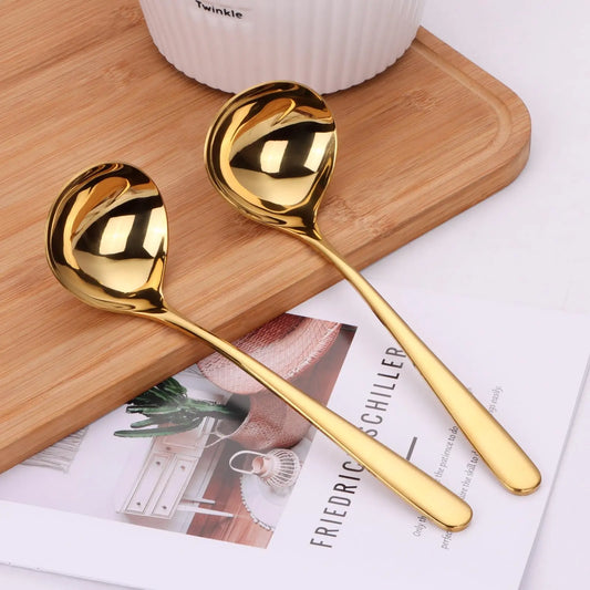 Stainless Steel Soup Ladle, 2 Counts Long Handle Soup Spoon, Modern Durable Kitchenware Kitchen Utensils Gadgets Stainless Steel Kitchen Cooking Utensils, Household Kitchen Utensils, Kitchen Accessories, Gold Plated Spoon
