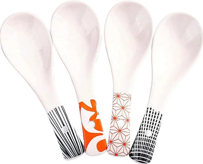 Japanese Ceramic Soup Spoon Set of 4, 5.66‘’ Retro Geometric Spoons | Cute Asian Porcelain Spoons for Soup, Pho, Miso or Rice. Durable Kitchen Tableware, Dishwasher safe