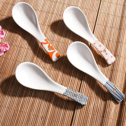 Japanese Ceramic Soup Spoon Set of 4, 5.66‘’ Retro Geometric Spoons | Cute Asian Porcelain Spoons for Soup, Pho, Miso or Rice. Durable Kitchen Tableware, Dishwasher safe