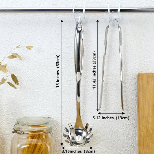 Spaghetti Spoon and Spaghetti Tong 2- Set, 13-Inch Non-Stick Spaghetti Fork and 11.4-Inch Kitchen Tong, Easy Storage and Cleanup,  Design, Stainless Steel