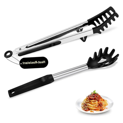 2-Piece Silicone Spaghetti Spoon and Pasta Tong Set, Heat-Resistant Non-Stick Noodle Server with Teeth, 13" BPA-Free Strainer Fork, Stainless Steel Handle for Pasta Cooking, BlackGift