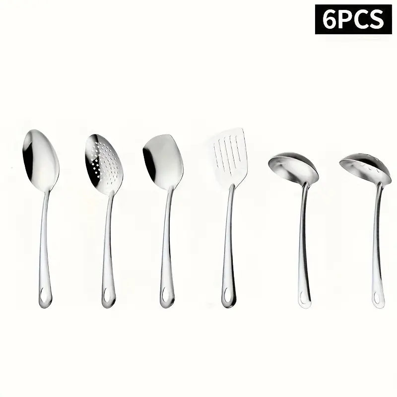 6-Pieces Korean-Style Gold-Plated Stainless Steel Kitchen Utensil Set - Thick Kitchen Tools with Slotted Tips, Spatula, Slotted Spoon, Soup Ladle, Food Tongs for Home Cooking