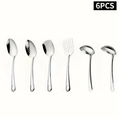 6-Pieces Korean-Style Gold-Plated Stainless Steel Kitchen Utensil Set - Thick Kitchen Tools with Slotted Tips, Spatula, Slotted Spoon, Soup Ladle, Food Tongs for Home Cooking
