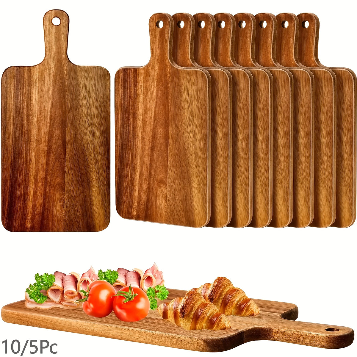 10-Pack/5-Pack Acacia Wood Cutting Boards with Handles, 15.7x7.8 Inches Large Kitchen Chopping Boards for Vegetables, Meat, Cheese, Food Prep Boards, Durable Tableware, Dishwasher Safe for Home Use, Made for Home Chefs