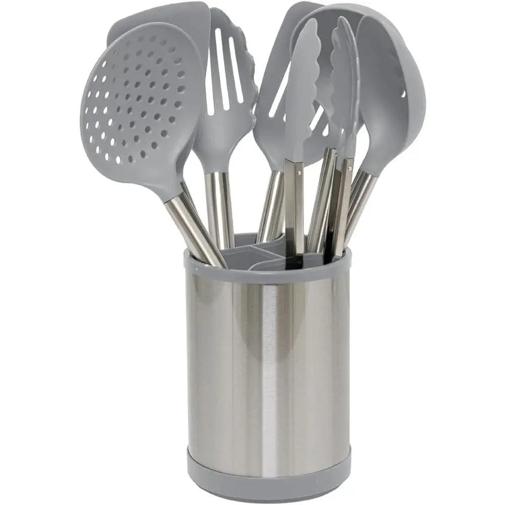 8-Piece Nonstick Cooking Utensil Set with Stainless Steel Handles - Rotating Holder, Soup Ladle, Turner, Tongs, Spoon, Skimmer, Dishwasher Safe Green Tools for Indoor Recreation Use, 8-Piece Set