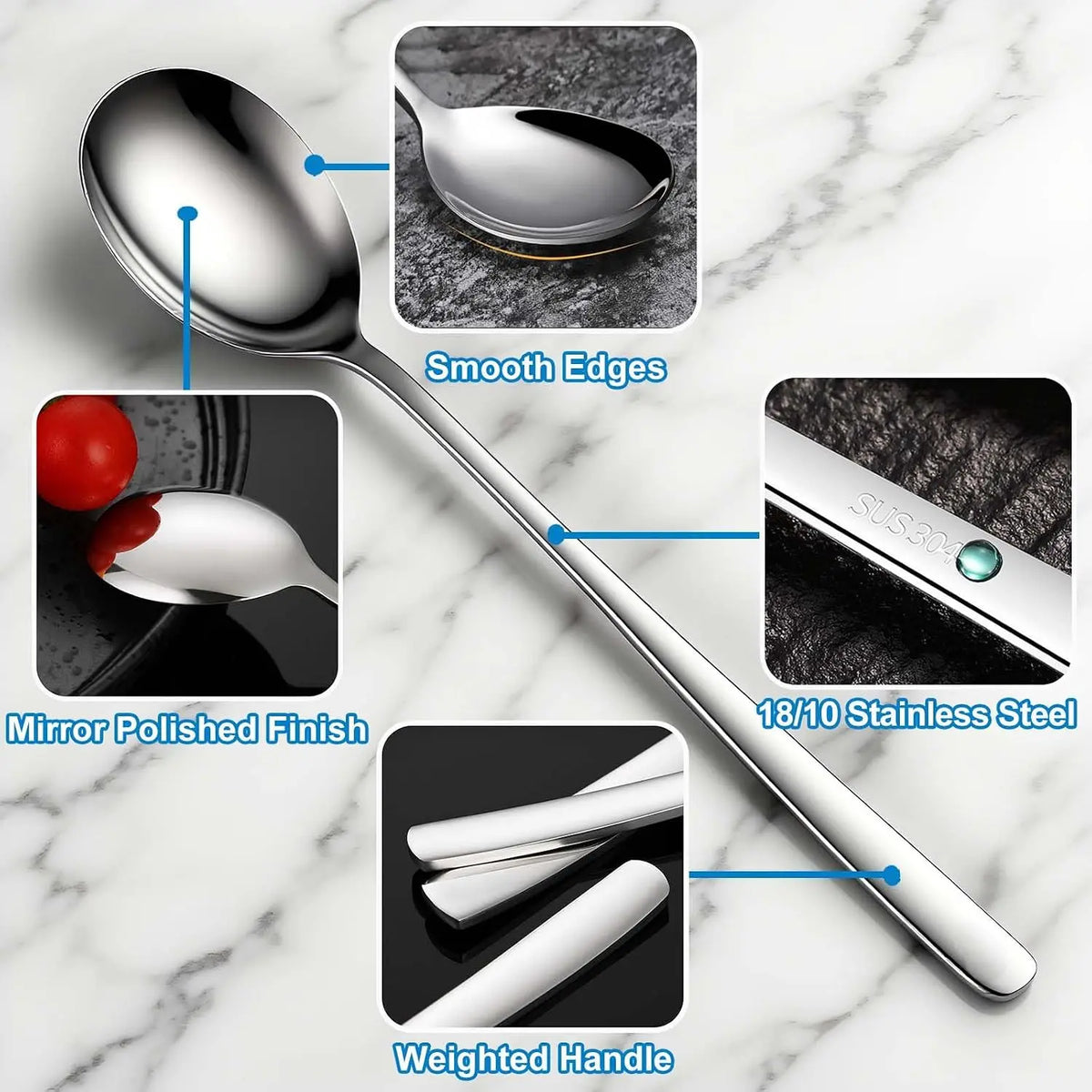 Set of 6  Korean Soup Spoons, 8 Inch | 18/10 Stainless Steel, Long Handle, Rice and  Spoon, Dishwasher Safe