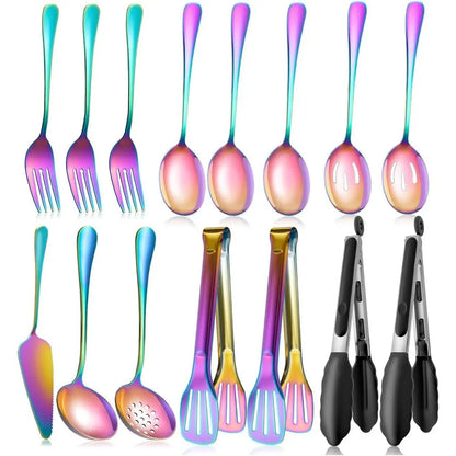 Serving Utensils Set for Partie,  Stainless Steel Metal Serveware Large Serving Spoons, Slotted Spoons, Forks, Tongs, Soup and Skimmer Spoon, Cake Server for Buffet, Catering, Entertaining 15 count