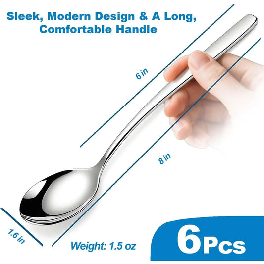 Set of 6  Korean Soup Spoons, 8 Inch | 18/10 Stainless Steel, Long Handle, Rice and  Spoon, Dishwasher Safe