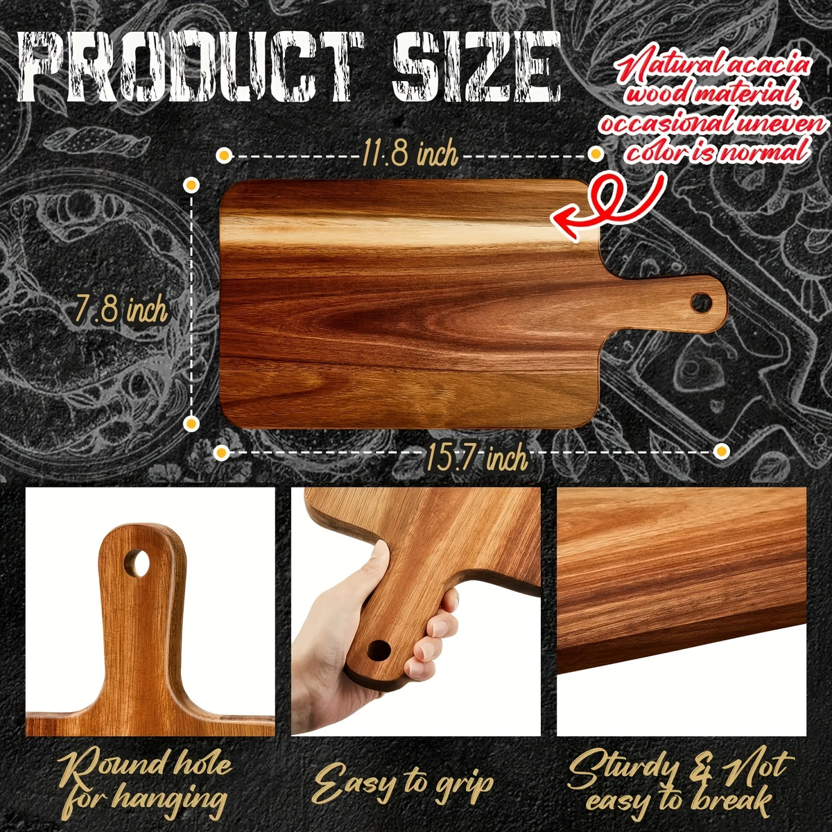 10-Pack/5-Pack Acacia Wood Cutting Boards with Handles, 15.7x7.8 Inches Large Kitchen Chopping Boards for Vegetables, Meat, Cheese, Food Prep Boards, Durable Tableware, Dishwasher Safe for Home Use, Made for Home Chefs