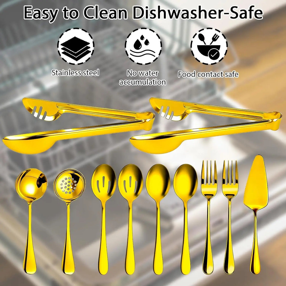 11 PCS Gold Large Stainless Steel Serving Utensils Set, Including Spoons, Slotted Spoons, Forks, Tongs, Soup Ladle and Cake Server, Perfect for Buffet, Party, Catering