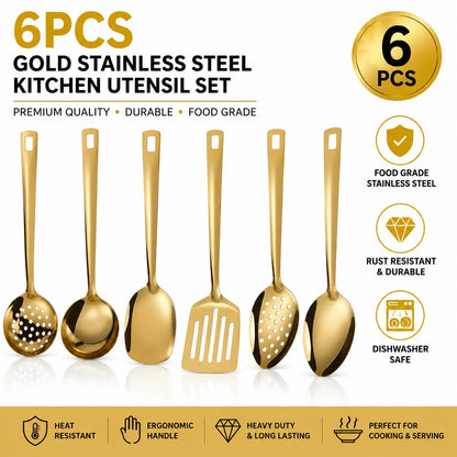 6PCS Gold Stainless Steel Kitchen Utensil Set - Heavy Duty Food Grade Tools: Cooking Spoon, Soup Ladle, Slotted Spoon, Turner for Kitchen Use